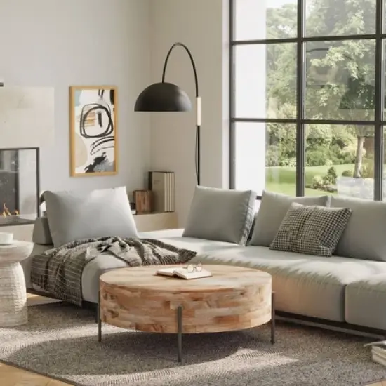 WyndenHall Farmington Drum Coffee Table Natural : Modern Industrial Style, Mango Wood & Iron, 38" image {1}