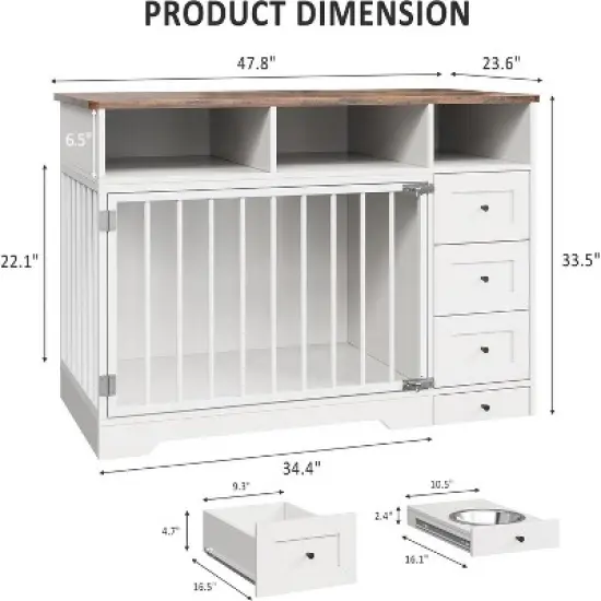 Acekool 48" Farmhouse Dog Crate - Kennel with Storage & Feeding Bowls ( image {1}