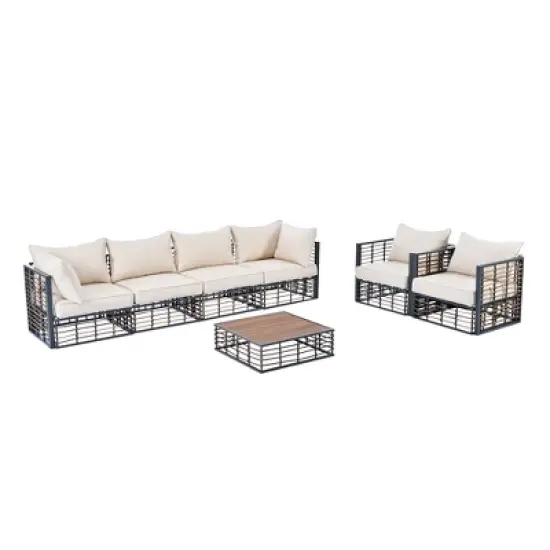 7pc Metal Patio Sectional Sofa Set, Outdoor Rattan Conversational Furniture Set with Cushions and Coffee Table 4A -ModernLuxe image {8}