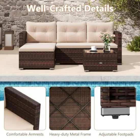Costway 4 Seats Outdoor Wicker Furniture Set with Tempered Glass Coffee Table & Soft Cushions image {9}