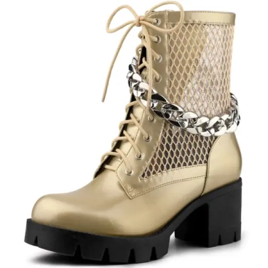 Allegra K Women's Platform Chain Chunky Heel Combat Boots image {6}