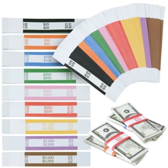 Blue Panda 300 Pack of Money Bands for Cash, Assorted Self-Adhesive Currency Straps for Bill Wrappers, 9 ABA Standard Colors, 7.75 x 1.25 In image {8}