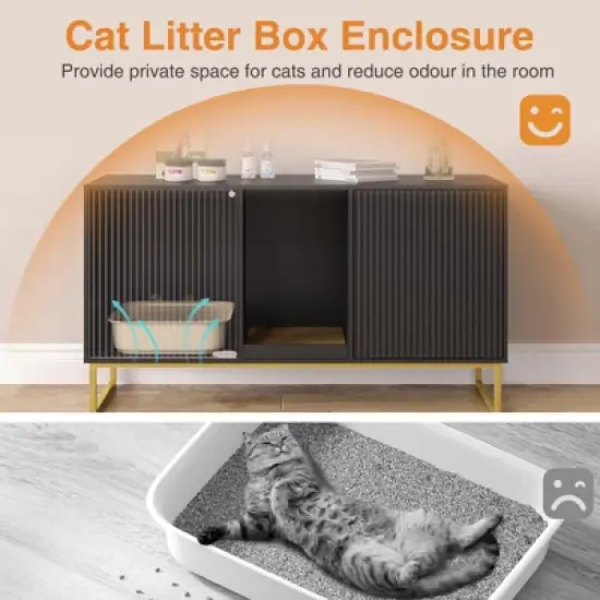 Litter Box Enclosure for 2 Cats, Double Room Kitty House with Scratch Pad image {5}