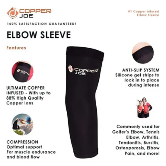 Copper Joe Recovery Elbow Compression Sleeve  Arthritis, Golfers ,Tennis Elbow And Tendonitis. Elbow Support Arm Sleeves For Men And Women - 2 Pack image {3}