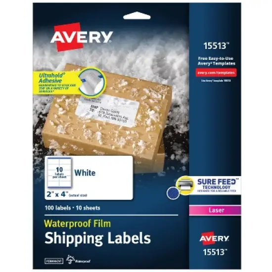 Avery  Waterproof Shipping Labels with Ultrahold Permanent Adhesive, 2" x 4", 100 Labels for Laser Printers (15513) image {9}