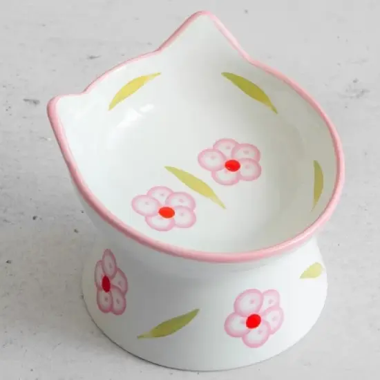 Dexypaws: Elevated Ceramic Cat Bowl, Floral White & Blush Pink, 7oz image {3}