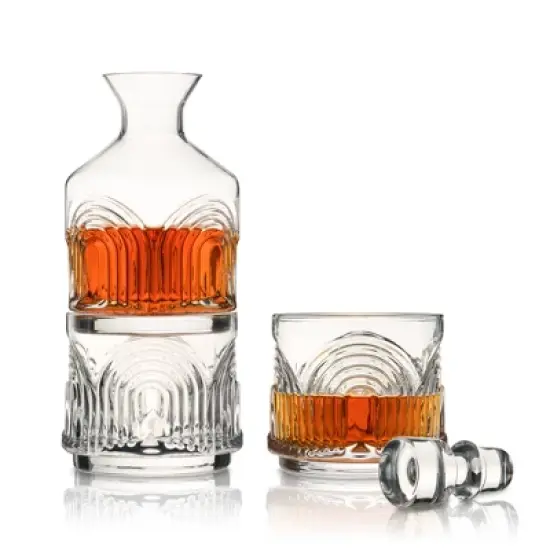 Viski Beau Stacking Decanter Set with Lowball Glasses - Crystal Decanter and Glasses for Whiskey - Art Deco Cocktail Glasses Whiskey Decanter Set of 3 image {6}