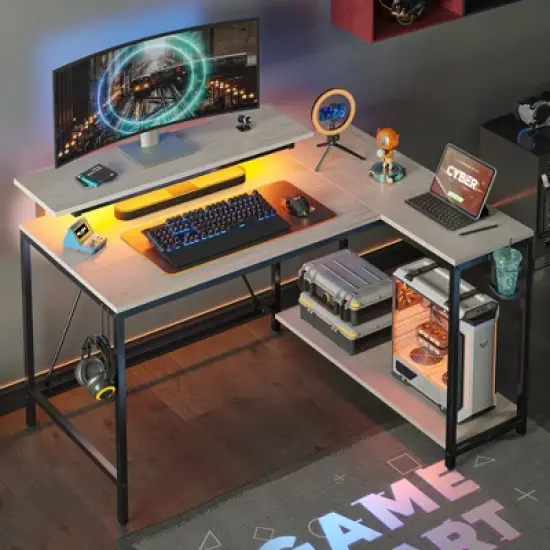 Pinmoco 42 inch Reversible L-Shaped Gaming Desk with LED Light Monitor Stand Headphone Hook & Storage Shelves for Home Office image {19}