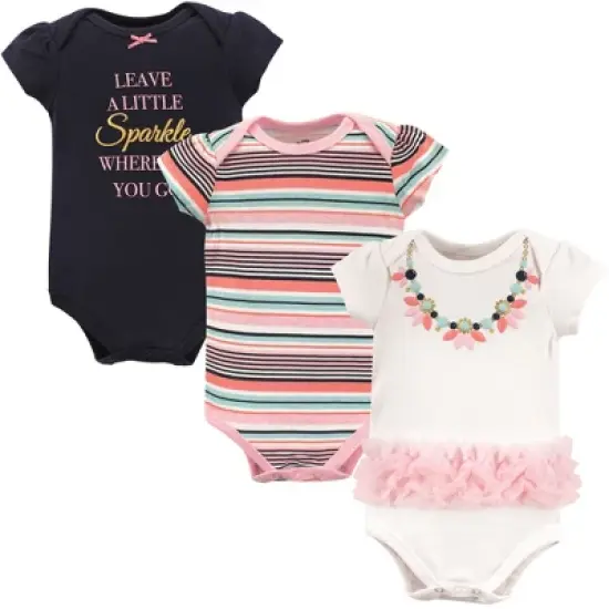 Little Treasure Baby Girl Cotton Bodysuits 3pk, Sparkle Necklace image {1}
