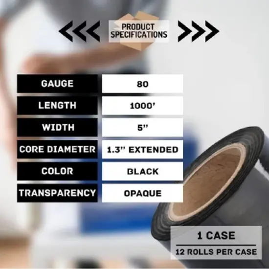 PSBM 12 Rolls 5" x 1000 Ft. Opaque Black Mini Extended Core Pallet Stretch Wrap 80 Ga image {3}