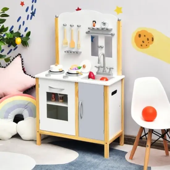 Costway Kids Play Kitchen Set Toddler Pretend Cooking Set w/ Cabinet&Accessories image {1}
