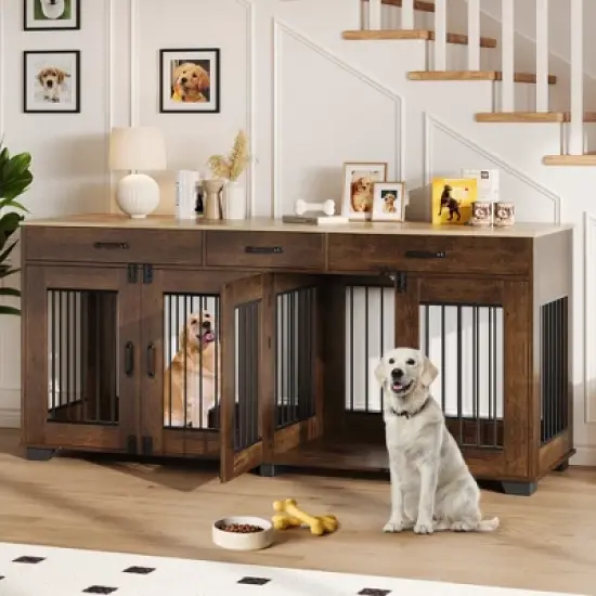 COZONY 71" Dog Crate Furniture for 2 Dogs, Wooden Double Crate with Divider Doors Large Indoor Dog Kennel TV Stand End Table for Large Medium Breeds image {7}