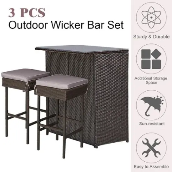 Costway Patio 3PCS Rattan Bar Table Stool Set Cushioned Chairs with  Cover image {4}