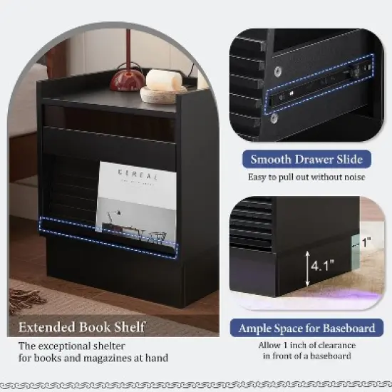 Sapphtopaz Modern Nightstand with Charging Station&LED Large Storage End Table with Drawers&Groove Design Night Stand for Bedroom,Living Room image {5}