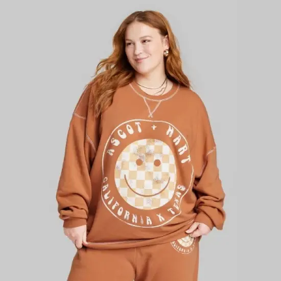 Women's Ascot + Hart Checkered Smile Graphic Pullover Sweater - Orange image {1}