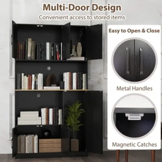 Costway 71" Tall Kitchen Pantry Cabinet with Charging Station Microwave Stand & Doors Black/White image {7}