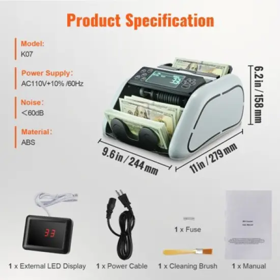 VEVOR Money Counter Machine, Bill Counter with UV, MG, IR and DD Counterfeit Detection, USD & EUR Cash Counting Machine with Large LCD image {7}