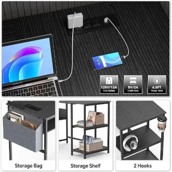 Mr Ironstone L Shaped Gaming Desk with LED Lights & Power Outlets Computer Desk with Hutch Office Desk with Storage Shelf, Headphone Hook,Cup Holder image {3}