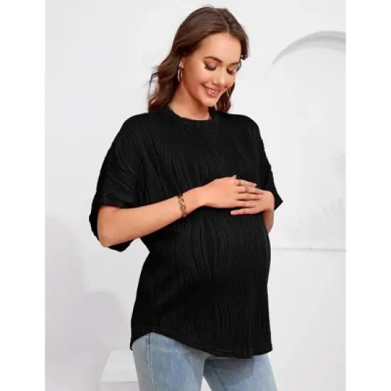 Womens Maternity Shirts Summer Ribbed knit Short Sleeve Casual Pregnancy Clothes Crewneck Loose Maternity Tops image {3}