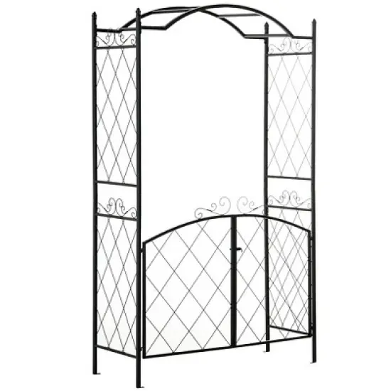 Outsunny 85'' Metal Garden Arbor with Gate, Outdoor Steel Arch with Scrollwork for Climbing Vines, Ground Mountable Columns image {8}