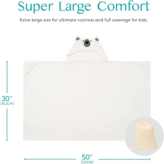 Joyfy Hooded Towel for Kids Soft 30x50in Bath Beach Towel 100% Cotton Toddler Pool Hood Absorbent Swim Wrap  White Bear  for Kids 3-10 Years image {1}