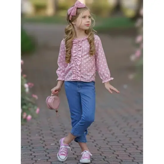 Girls Dot Dot Dot Bow Jeans Set - Mia Belle Girls image {2}
