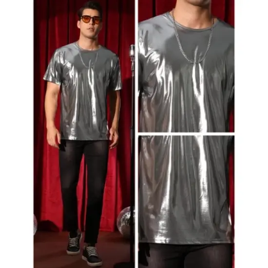 Lars Amadeus Men's Crew Neck Short Sleeves Metallic Party Sparkly Shiny T-Shirt image {3}