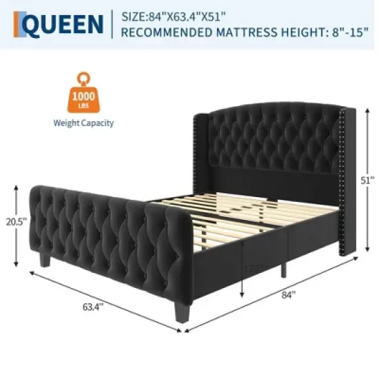 Bed Frame with Deep Button Tufted Wingback Headboard and Footboard, Velvet Upholstered Platform Frame, No Box Spring, Easy Assembly image {1}