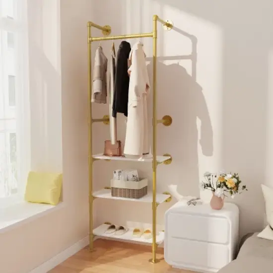 Artloge Heavy Duty Industrial Pipe Clothing Rack Garment Stand Hanging Rod Shelf Wardrobe Closet Organizer with 3 Tier White shelves image {5}