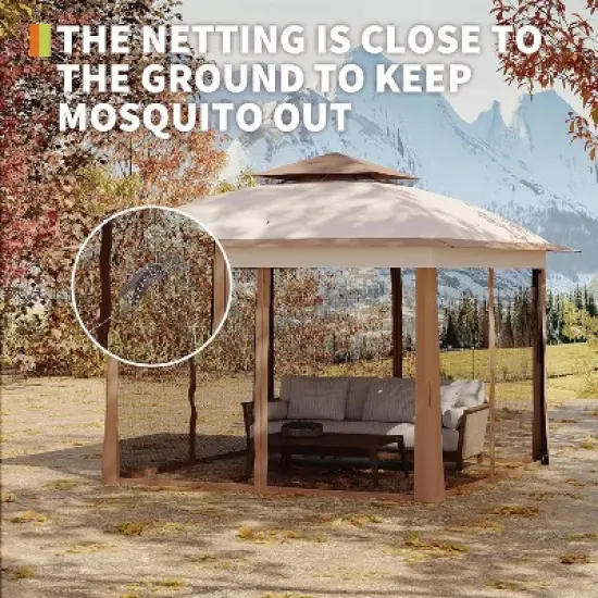 11x11FT Pop Up Instant Gazebo Tent With Mosquito Netting, Waterproof Outdoor Canopy Tent With Portable Carrying Bag for Backyard, Khaki image {5}