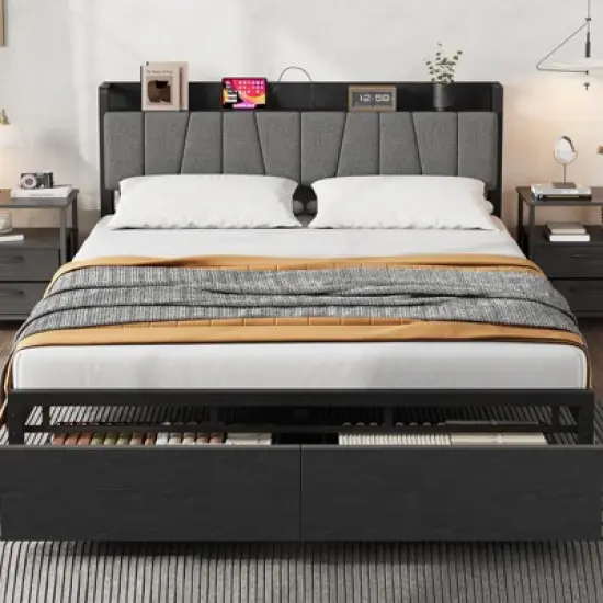 Bed Frame with Storage Headboard, Industrial Full Platform Bed with 2 Large Drawers and Charging Station, Black image {7}