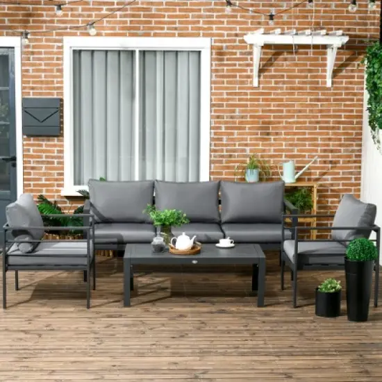 Outsunny Patio Furniture Set 4 Pieces, Outdoor Conversation Set with Water-Resistant Cushions, Coffee Table, 3-Seater Sofa, 2 Chairs for Porch, Gray image {2}
