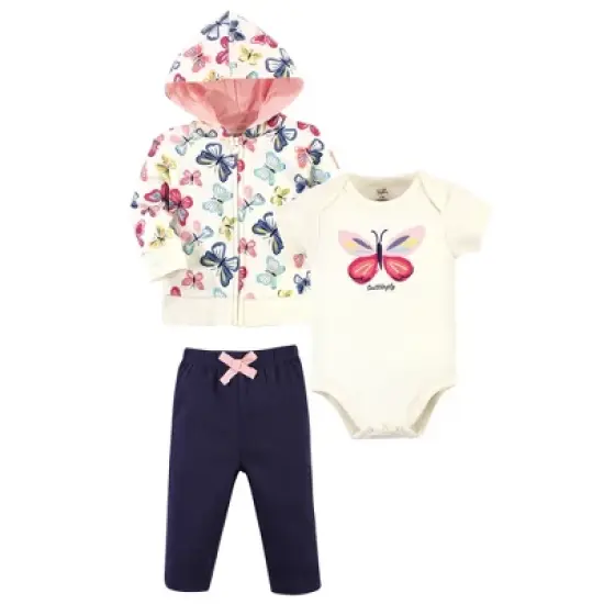 Touched by Nature Baby and Toddler Girl Organic Cotton Hoodie, Bodysuit or Tee Top, and Pant, Bright Butterflies image {4}