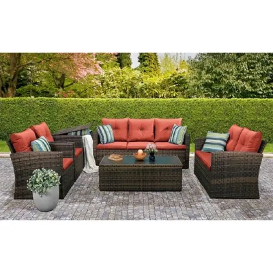6pc Wicker Outdoor Conversation Set with Cushions - Orange - EDYO LIVING image {2}