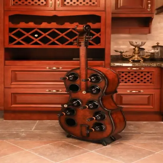Vintiquewise Decorative 10 Bottle Wooden Cello Shaped Wine Rack 53" Inch Floor Violin image {5}