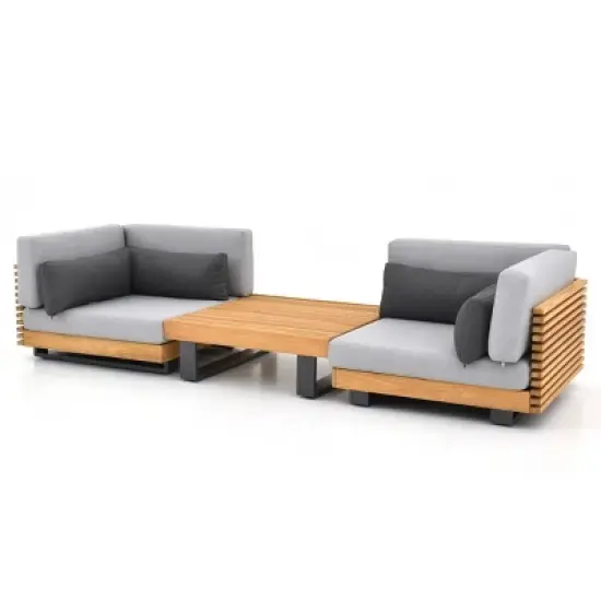 Modular Fabric Outdoor Lounge Suite Sectional Sofa Ensemble w/ TeakTone Wood Accents & Matte Metal Frame Side Table image {9}