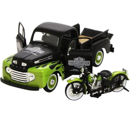 1948 Ford F-1 Pickup Truck Harley Davidson & 1948 Harley Davidson FL Panhead Motorcycle Black & Green 1/24 Diecast Models Maisto image {2}