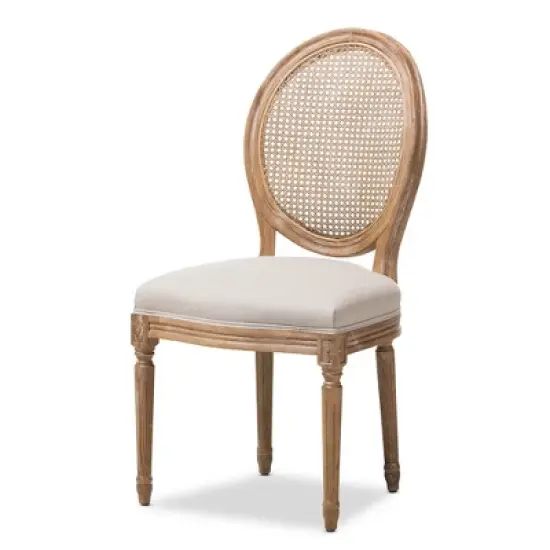 Adelia French Vintage Cottage Weathered Oak Wood Finish and Fabric Upholstered Dining Side Chair with Round Cane Back - Beige - Baxton Studio image {4}