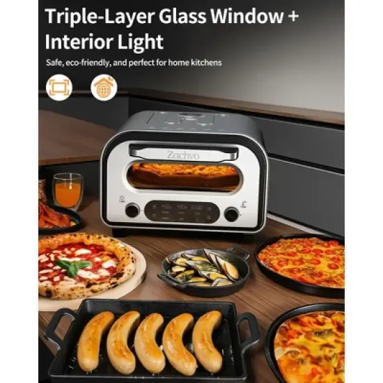 ZACHVO 1700W Electric Pizza Oven, 842&deg;F Max, 90-Second Pizza, 12.6 Inches Stone, 5 Presets, 1700W, Silver image {4}