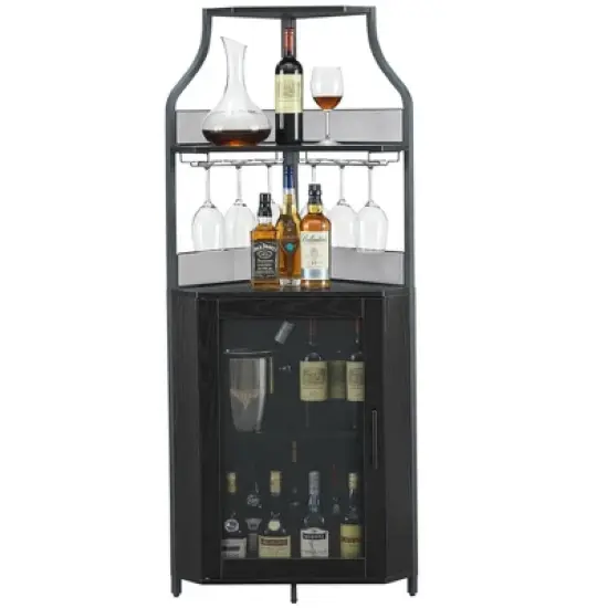 Corner Wine Cabinet with Detachable Wine Rack, 5-Tier Industrial Corner Bar Cabinet with Barn Door and Glass Holder image {3}
