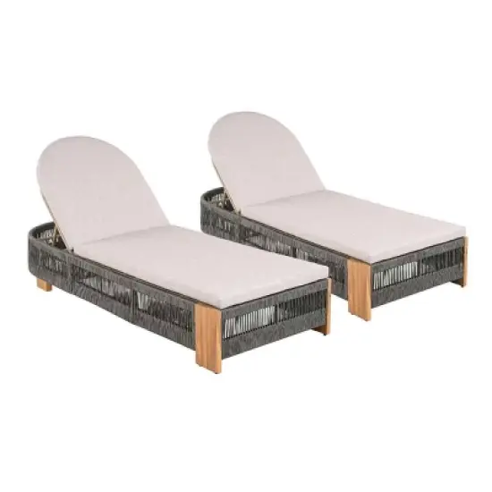 Set of 2 Outdoor Acacia Wood Chaise Lounge with Adjustable Backrest, Rope Accent Pool Lounge Chair, Waterproof Cushion Garden Lounger-Coolbibila image {4}
