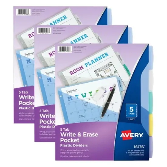 Avery&reg; Write & Erase Durable Plastic Dividers with Pockets, 5-Tab Set, Multicolor, 3 Sets image {10}