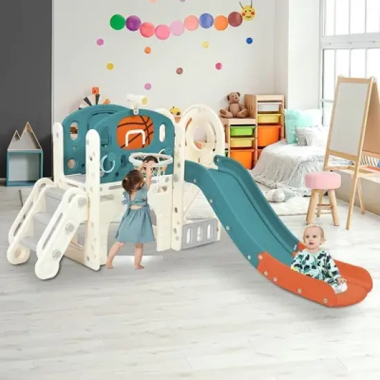 HDPE Kids Slide Playset Structure, Freestanding Castle Climbing Crawling Playhouse with Slide, Arch Tunnel, Ring Toss, and Basketball Hoop image {5}