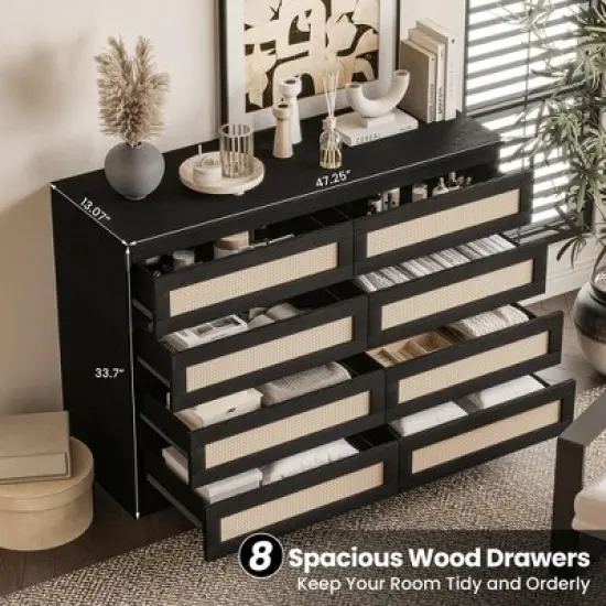 8 Drawer Double Dresser for Bedroom, Rattan Chest of Dressers, Modern Wooden Dresser Chest image {4}