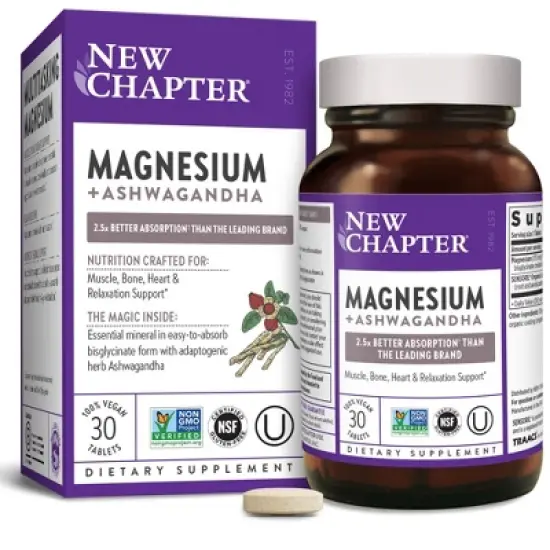 New Chapter Magnesium + Ashwagandha Vegan for Muscle & Relaxation Support, Non-GMO Supplement - 30 ct image {1}