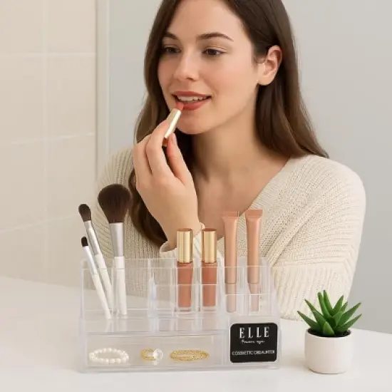 Nonslip Cosmetic Organizer with Drawer, 16 Compartment Clear Makeup, Skincare & Jewelry Storage Box for Lipsticks, Brushes & Beauty Essentials image {1}