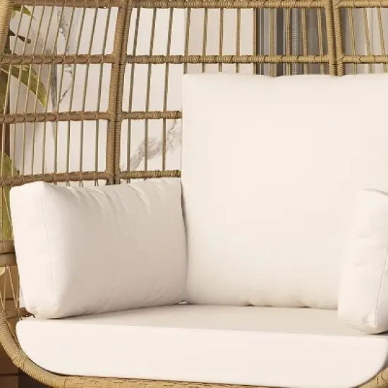 Outdoor Patio Wicker Egg Chair, PE Rattan Chair with Thick Cushion, Oversized Indoor Outdoor Lounger, Egg Shaped Seat with Metal Stand, Beige image {4}