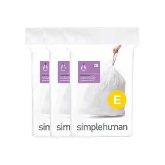 simplehuman 20L Code E Custom Fit Kitchen Trash Bag Liners 3 Quick-Dispense Packs - 60ct: Plastic, Drawstring, White image {4}