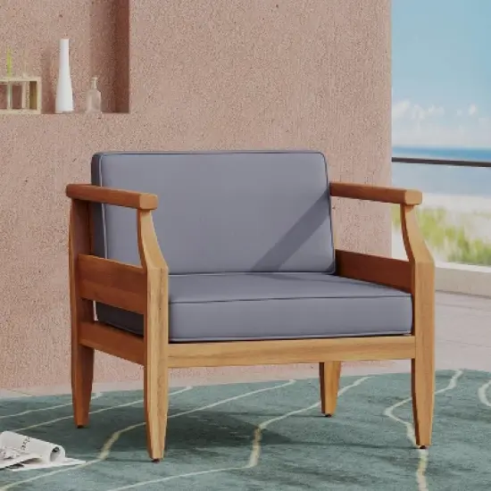 FIONECA Acacia Wood Club Chairs, 500lbs Capacity Outdoor Armchairs with Thick Cushions, Teak Finish Patio Furniture for Garden/Porch image {2}
