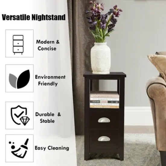Costway End Table Space-Saving Rectangular Bedside Table W/ 2 Drawers & Shelf Espress image {6}